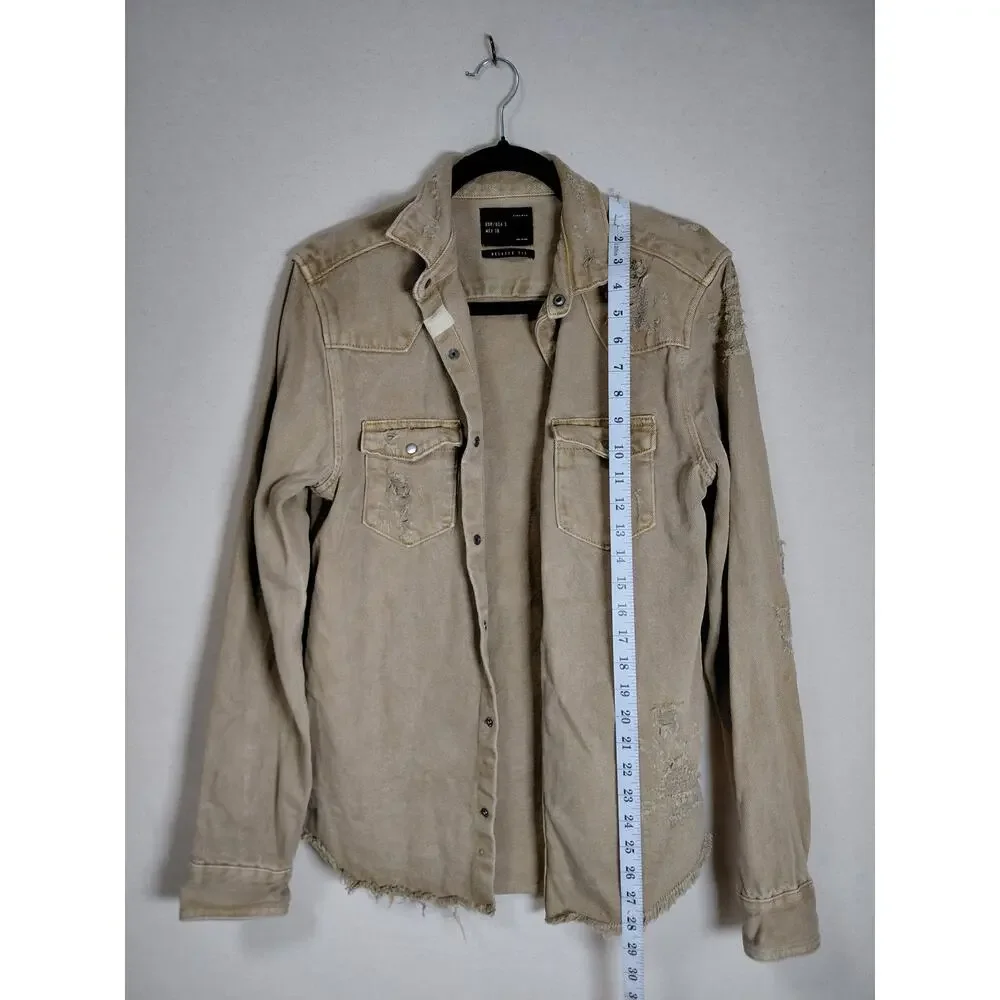 Zara Man Beige Denim Collared Distressed Raw Hem Jacket Men Size S